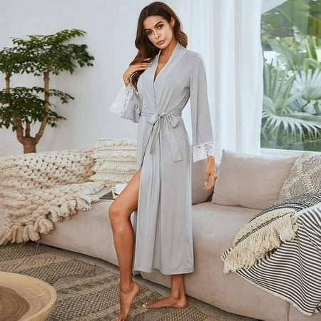 

Ladies New Solid Color Cotton Bathrobe Lace Edge Sexy Plus Size Pajamas Night Gown Casual Home Wear