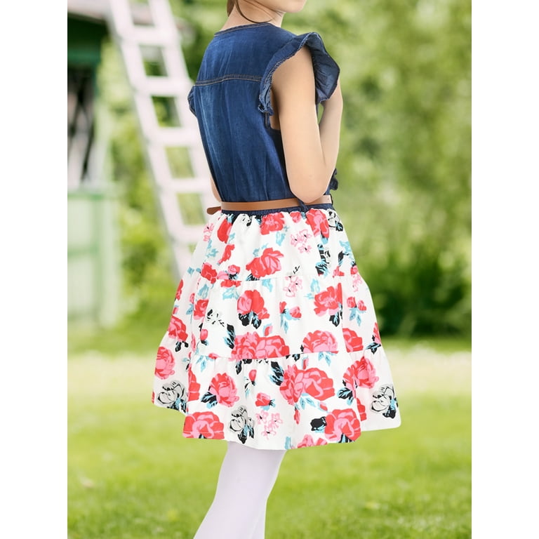 Lochas Girls Denim Dresses Floral Swing Skirt A-Line Ruffle Casual