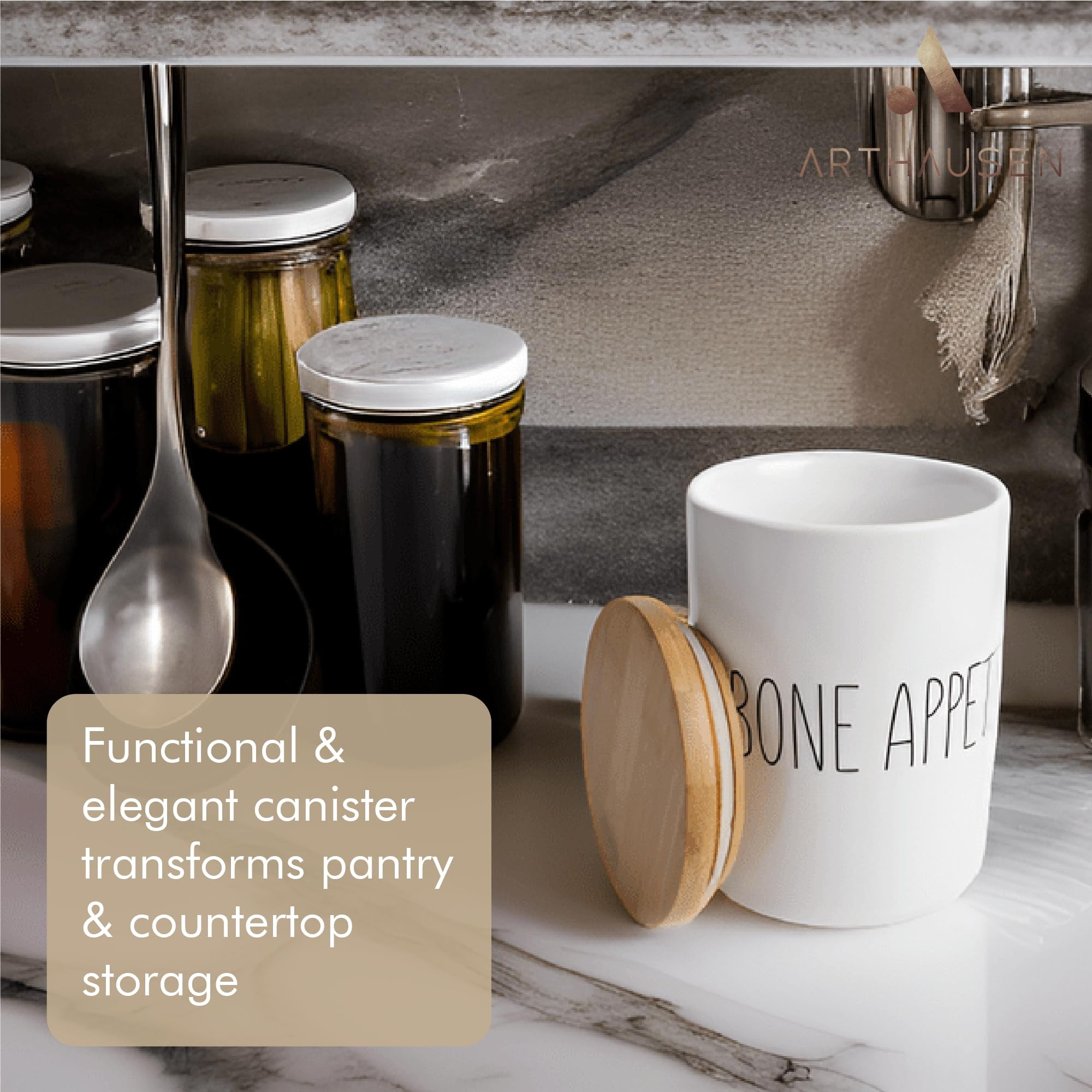 ARTHAUSEN Ceramic Storage Jar Canister - Airtight Bamboo Lid w/Silicone Seal - Modern Design for Kitchen Counter or Bathroom (Bone Appetit 1080mL)