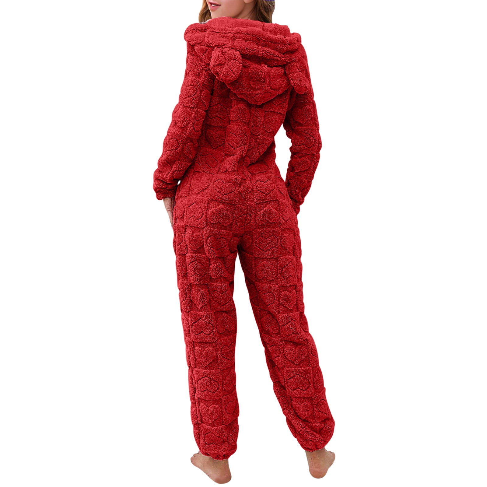 BiZtdJrK Women's Furry Sherpa Onesie Pajamas Fashion Heart Jacquard Jumpsuits Cute Ear Hood Romper Lounge Sleepwear, Red, M