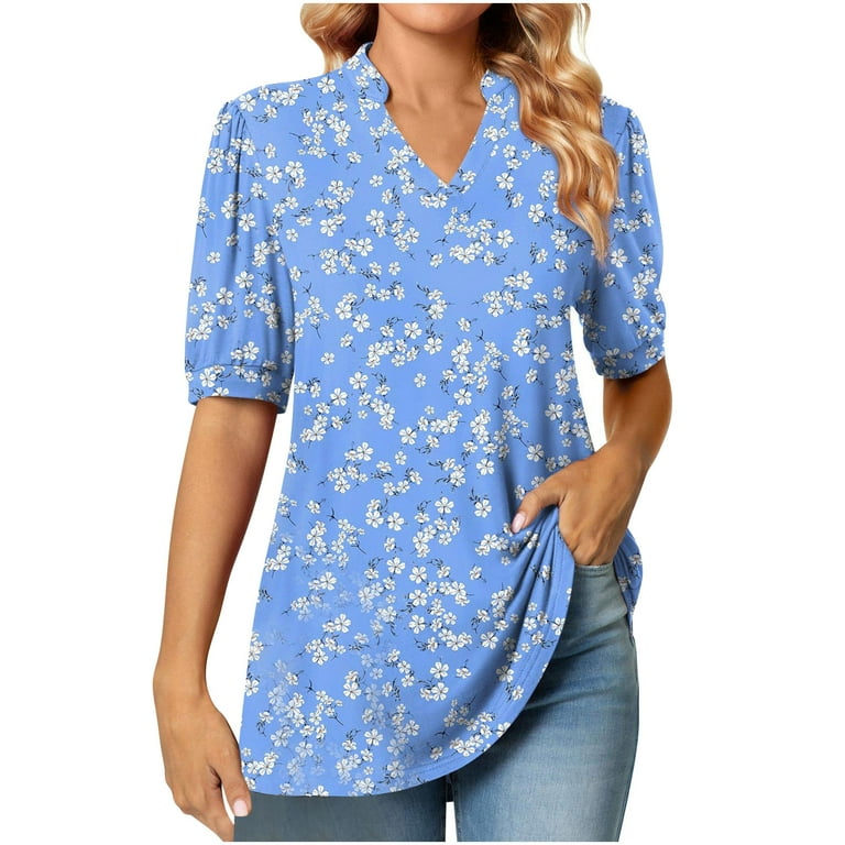 RYRJJ Womens Summer Puff Short Sleeve Tops Dressy Casual V-Neck T-Shirts  Cute Blouse for Work(Light Blue,XL)
