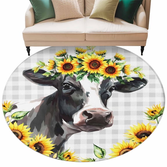 Round Rugs 7 Ft, Farmhouse Cow Non Slip Area Rugs for Kitchen Bedroom Entryway, Pastoral Sunflower Botanical Gray Plaid Washable Carpet Runner Rug Floor Mats for Bedroom Home Decor