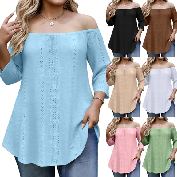 DDAPJ pyju Womens Plus Size Tunic Tops Off Shoulder 3/4 Sleeve Eyelet Shirt Dressy Casual Summer Going Out Blouses Pink XXL