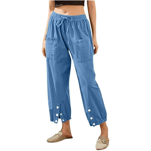 Summer Clearance 2025! Womens Plus Size Pants,Woman Summer Solid Color Elastic Waist Drawstring Pockets Button Slit Trousers Length Pants