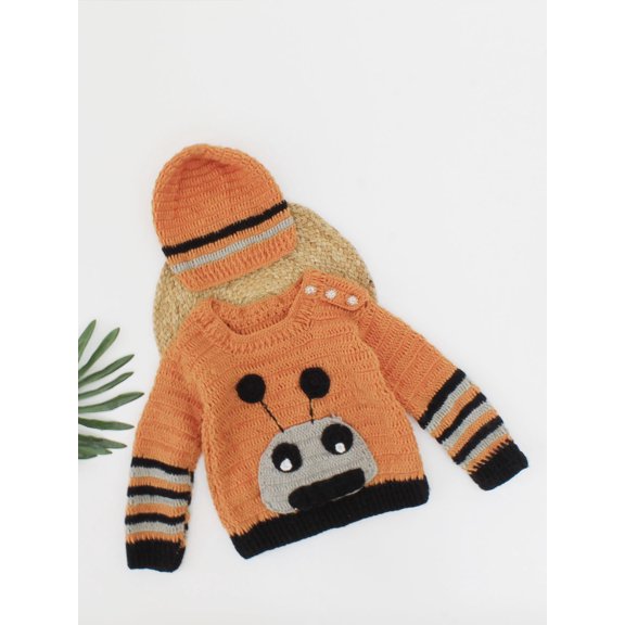 Woonie Handmade Full Sleeves Tentrical Design Sweater With Striped Sleeves & Cap-Brown