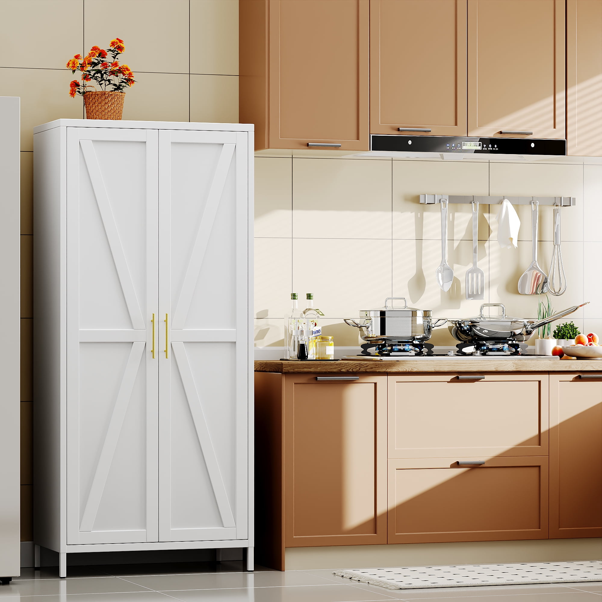 GangMei Metal Storage Cabinet Locker with Hanger Rod and Adjustable Shelves, Large Steel Cabinet for Living Room,Office,School,Gym,Garage,(White)