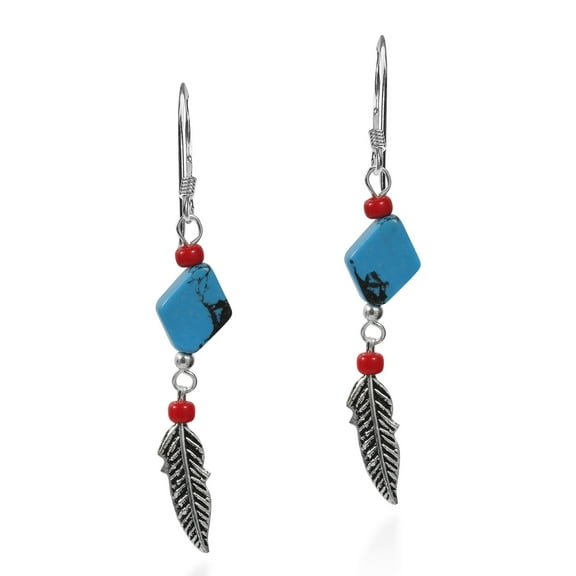 Southwestern Simulated Turquoise and Reconstructed Red Coral Feather .925 Sterling Silver Earrings