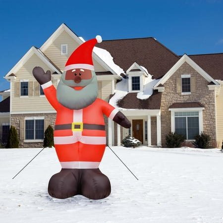 Fraser Hill Farm 12-Ft. Tall African American Santa Claus, Outdoor Blow-Up Christmas Inflatable with Lights and Storage Bag, FHFAASANTA121-L