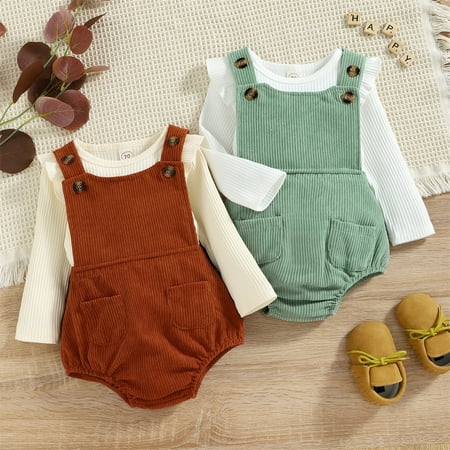 

2 PCS Newborn Infant Baby Girl Clothes Ruffle Long Sleeve T Shirt Top Corduroy Suspender Shorts Overalls
