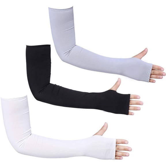 3 Pairs Arm Sleeves with Thumb Holes Women Men UV Protection Cooling Arm Sleeves, UPF 50 Compression Long Arm Cover