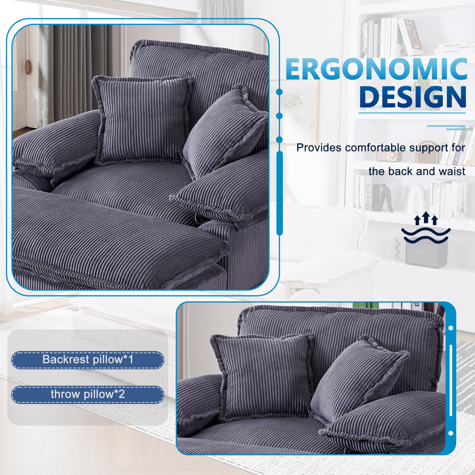 Aukfa Corduroy Modular Couch Deep Seat Sofa and Ottoman, Dual-layer Seat Cushion, 5Pillows, Gray