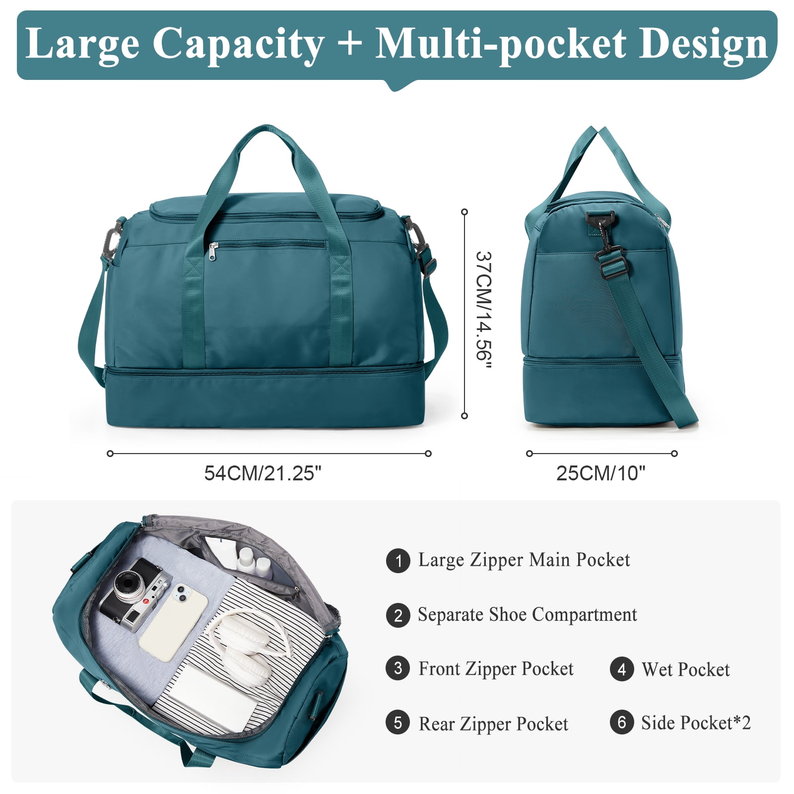 SYCNB Large Travel Duffel Bag, Weekender Overnight Bag for Women, Gym Tote Bag with Shoe Compartment, Carry-On Weekend Bag for Women with Wet Pocket for Travel Business, Peacock Blue