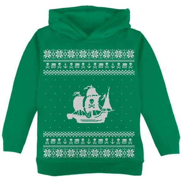 Pirate Ship Ugly Christmas Sweater Green Toddler Hoodie - 2T