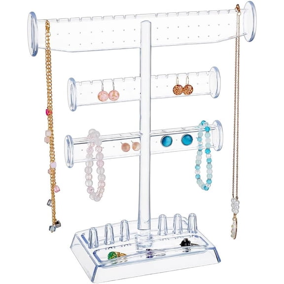 Jewelry Display Stand 3-Tier Clear Jewelry Holder Organizer Earring Necklace Bracelet Watch Ring Holder Stand Plastic Display Tower Tray Storage for Women Clear