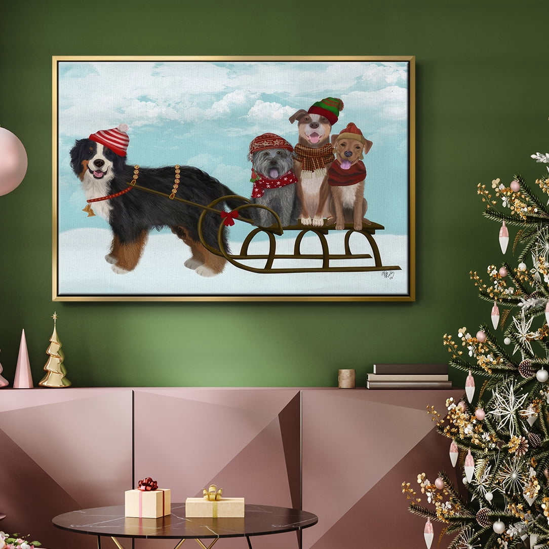 Christmas Mutt Sled - Framed Gallery Wrapped Holiday Canvas - 17 x 25 - Gold Frame