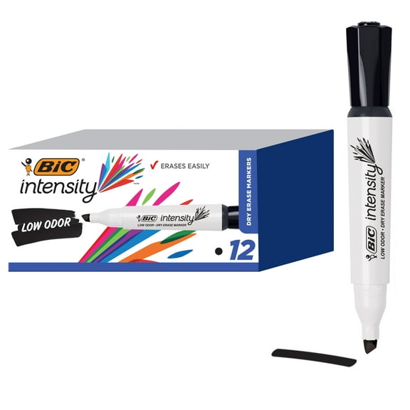 BIC Intensity Black Low Odor Dry Erase Markers, Chisel Tip, 12-Count Pack of Erasable Markers