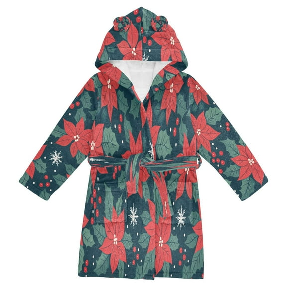 FORMRS Niños Bathrobe Unisex Hooded Robe Soft Plush Pajamas Sleepwear, Size 2-3T, Red Christmas Leaves
