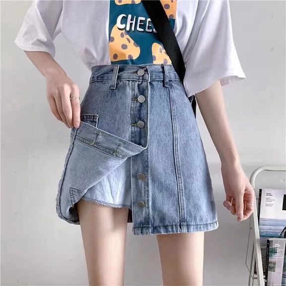 Trendfront Womens Asymmetrical Denim Style A-Line Skort Single Built-in Liner Casual Summer Fashion Bottoms