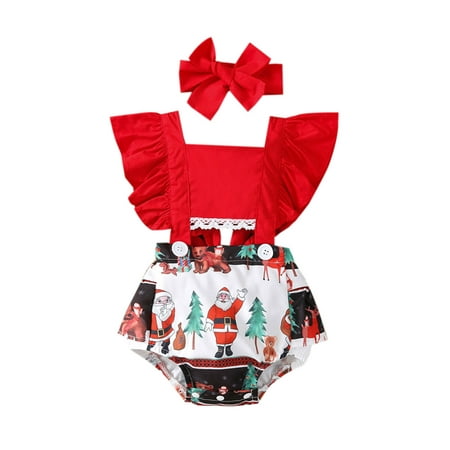 

Herdignity Baby Girls Christmas Romper Cartoon Printed Splicing Square Neck Backless Tied Jumpsuit with Snaps for Toddlers 0-24 Months