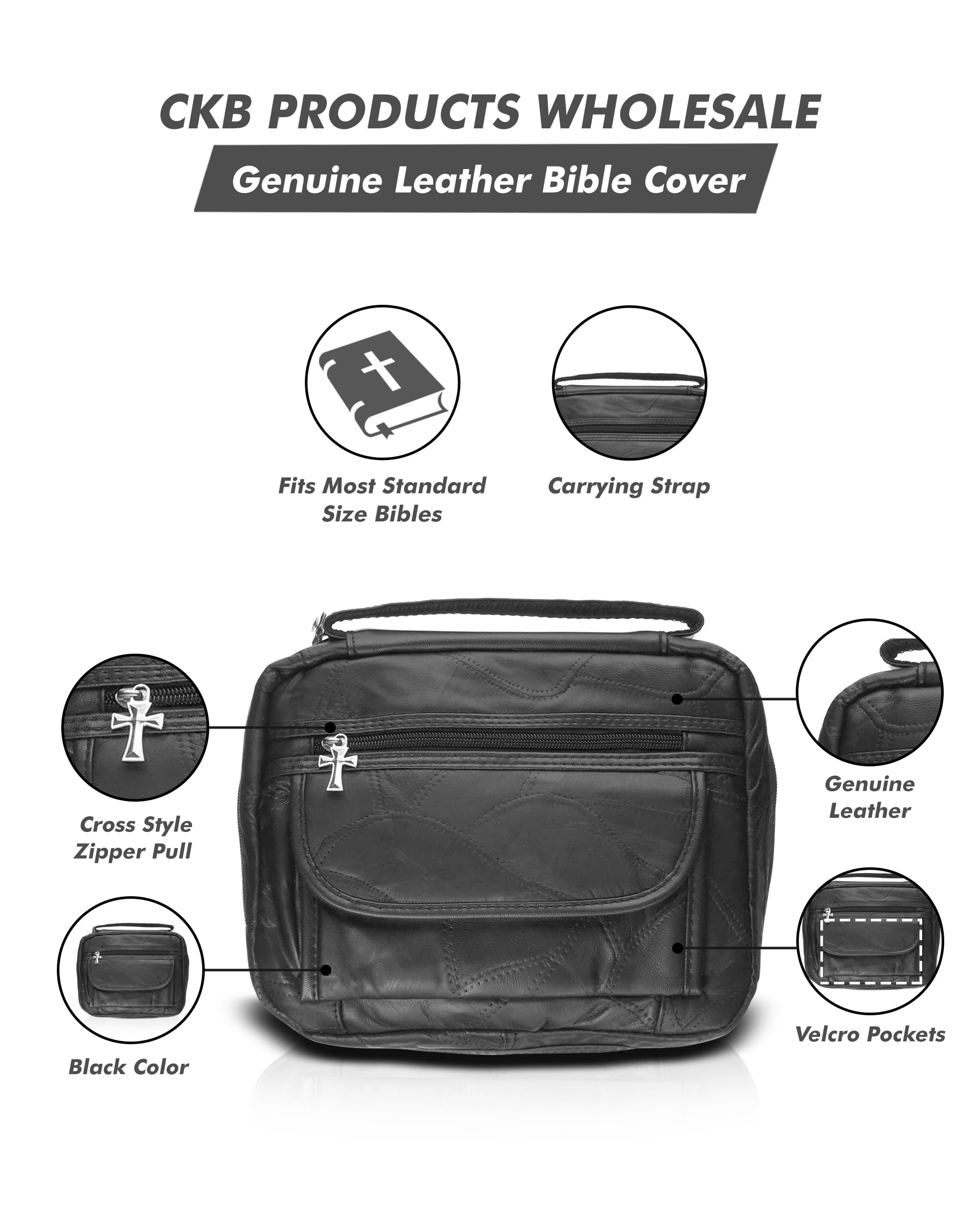 Genuine Black Leather Standard Size Bible Cover with Cross Pulls