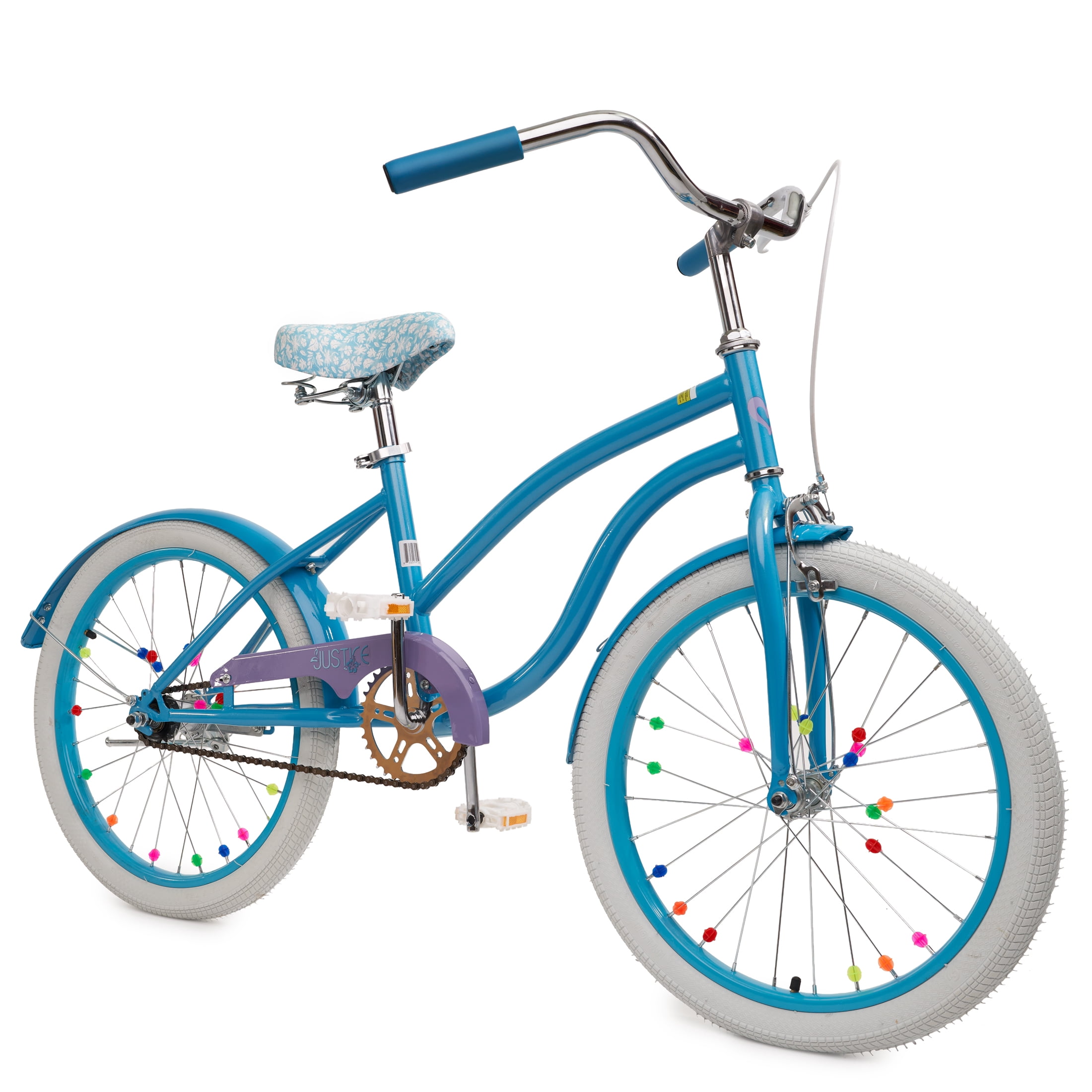 Justice Coastline Classics 20” Blue Glitter Cruiser Kids’ Bike with Spoke Charms & Bike Pouch