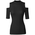 thumbnail image 2 of FashionOutfit Women's Lightweight Solid Stretch Ribbed Turtleneck Open Shoulder Top, 2 of 4