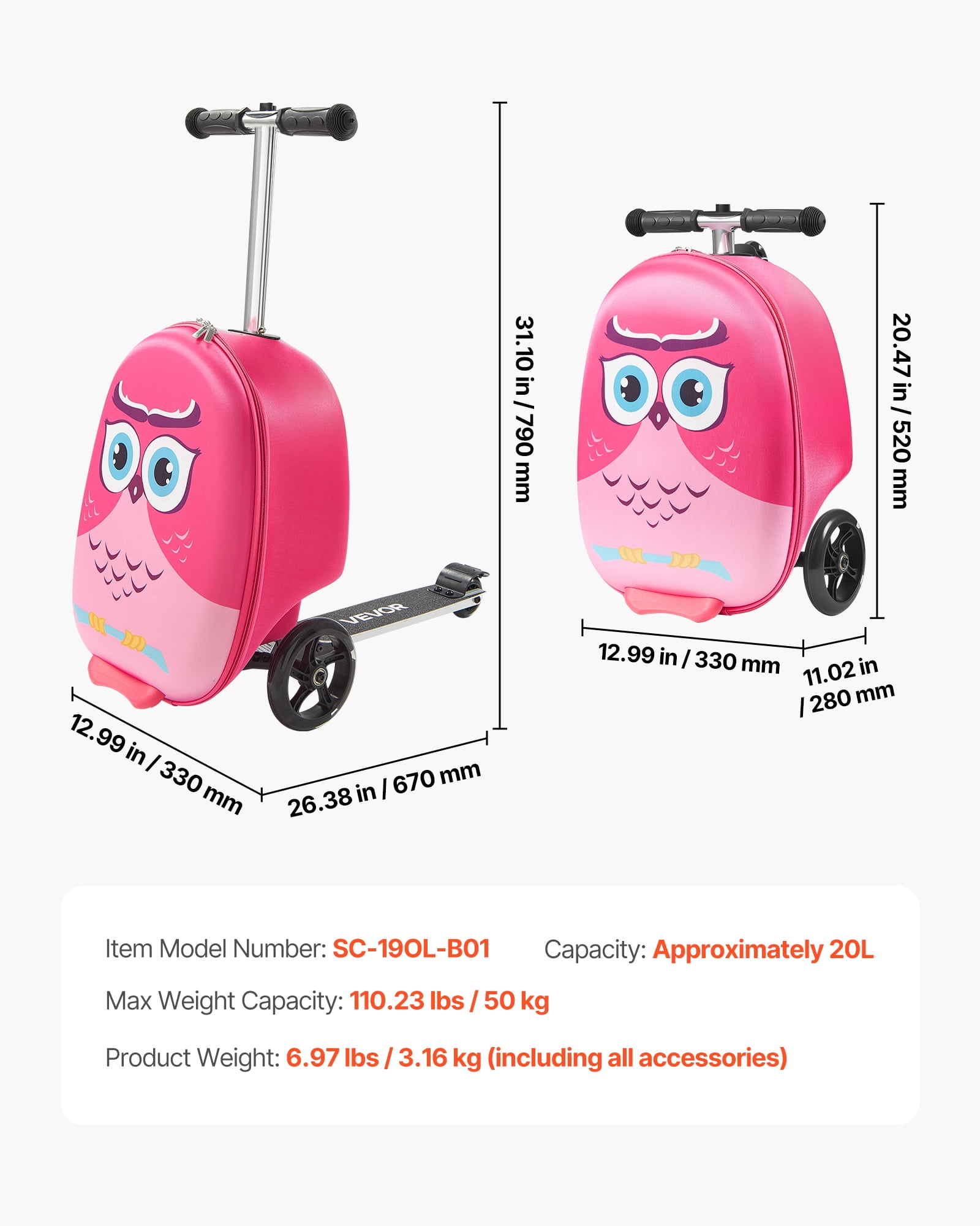 VEVOR Ride-on Luggage, 20 L Capacity, 20 Inches Kids Scooter Suitcase with Flash PU Wheels, Adjustable Handle & TPR Non-Slip Grip, Foldable & Lightweight Scooter Luggage for Kids Aged 5+, Pink
