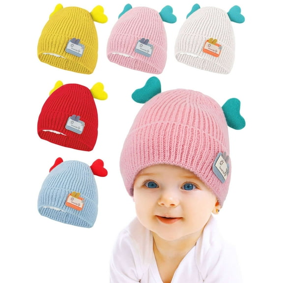 Deago 5 Pieces Baby Beanie Winter Hat with Deer Ear for Infant Toddler Boys Girls Soft Knitted Skull Cap 6-18 Months