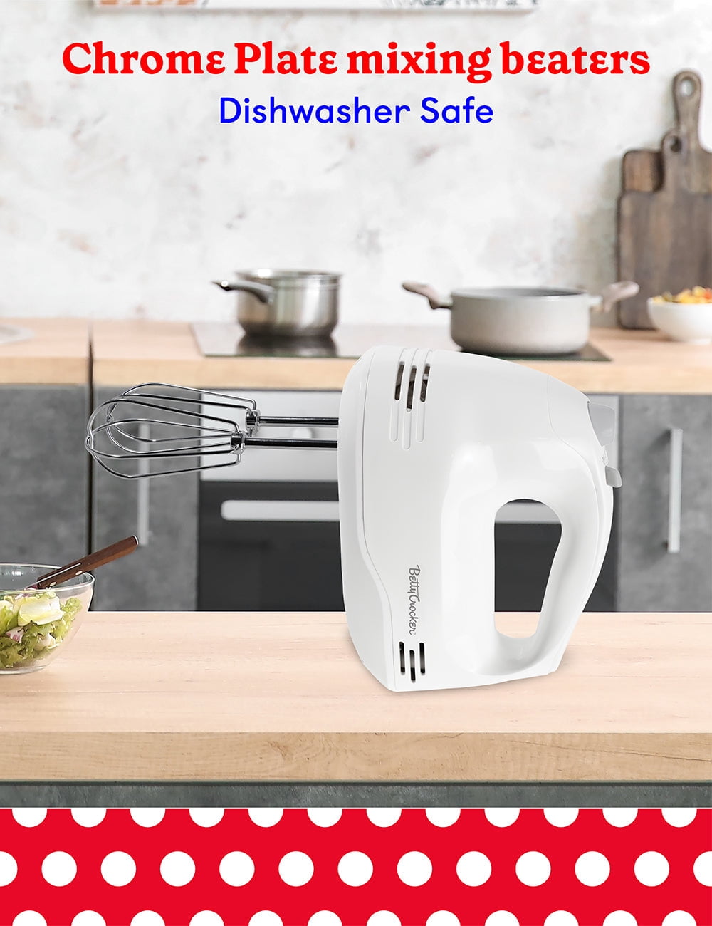 Betty Crocker 5-Speed Hand Mixer, 150 Watts Power, Easy-Clean Chrome Plate Beaters, Beater Eject Button, Heel Rest, Sleek Compact Design, Apartment Essentials, BC-4203WT, White