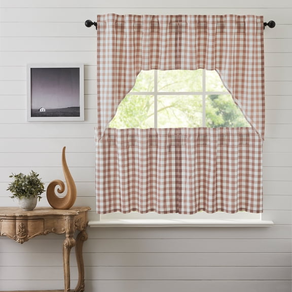 VHC Brands Annie Buffalo Check 4 PC Portabella Curtain Set (2 Swag 36x16 and 2 Tier 24x36)