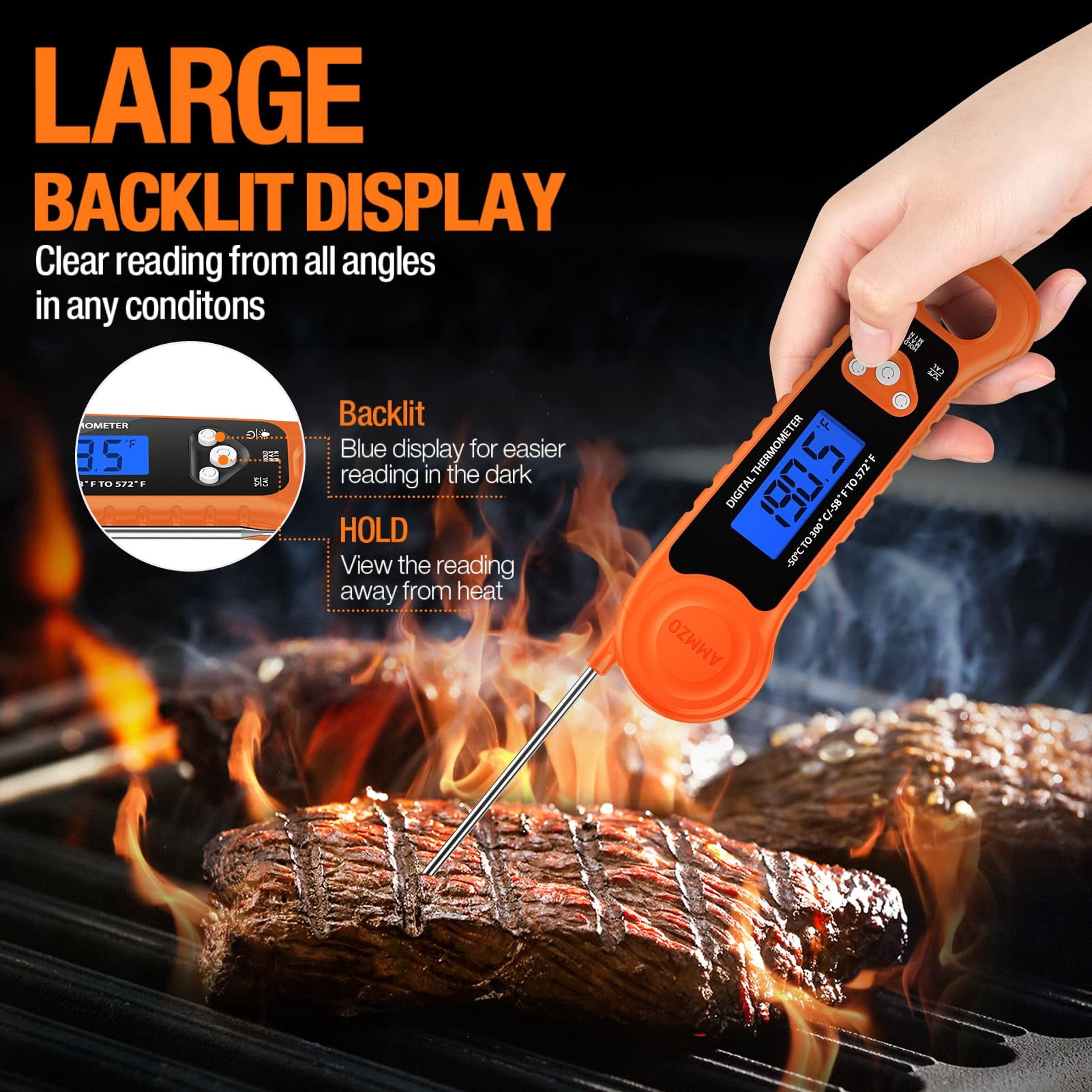 Digital Food Thermometer Orange Instant Read Waterproof Backlight for Grilling Cooking