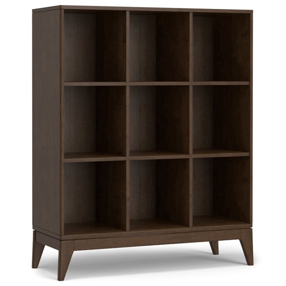 Simpli Home Harper 52 inch x 42 inch Solid Wood Mid Century Modern 9 Cube Storage in Walnut Brown