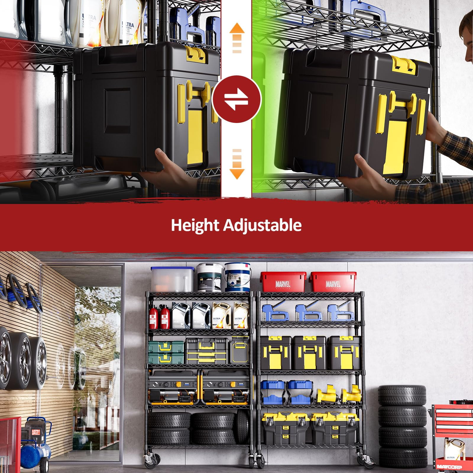 IZEUK 5-Tier Adjustable Wire Shelving Unit with Wheels, Heavy Duty Storage Rack for Garage, 47.2"W x 76.7"H x 17.7"D, Black