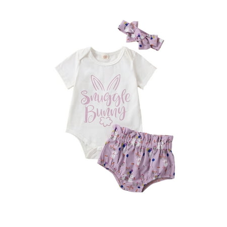 

Multitrust Easter Baby Girls Jumpsuit Set Summer Bunny Letter Print Short Sleeve Romper and Elastic Shorts Headband