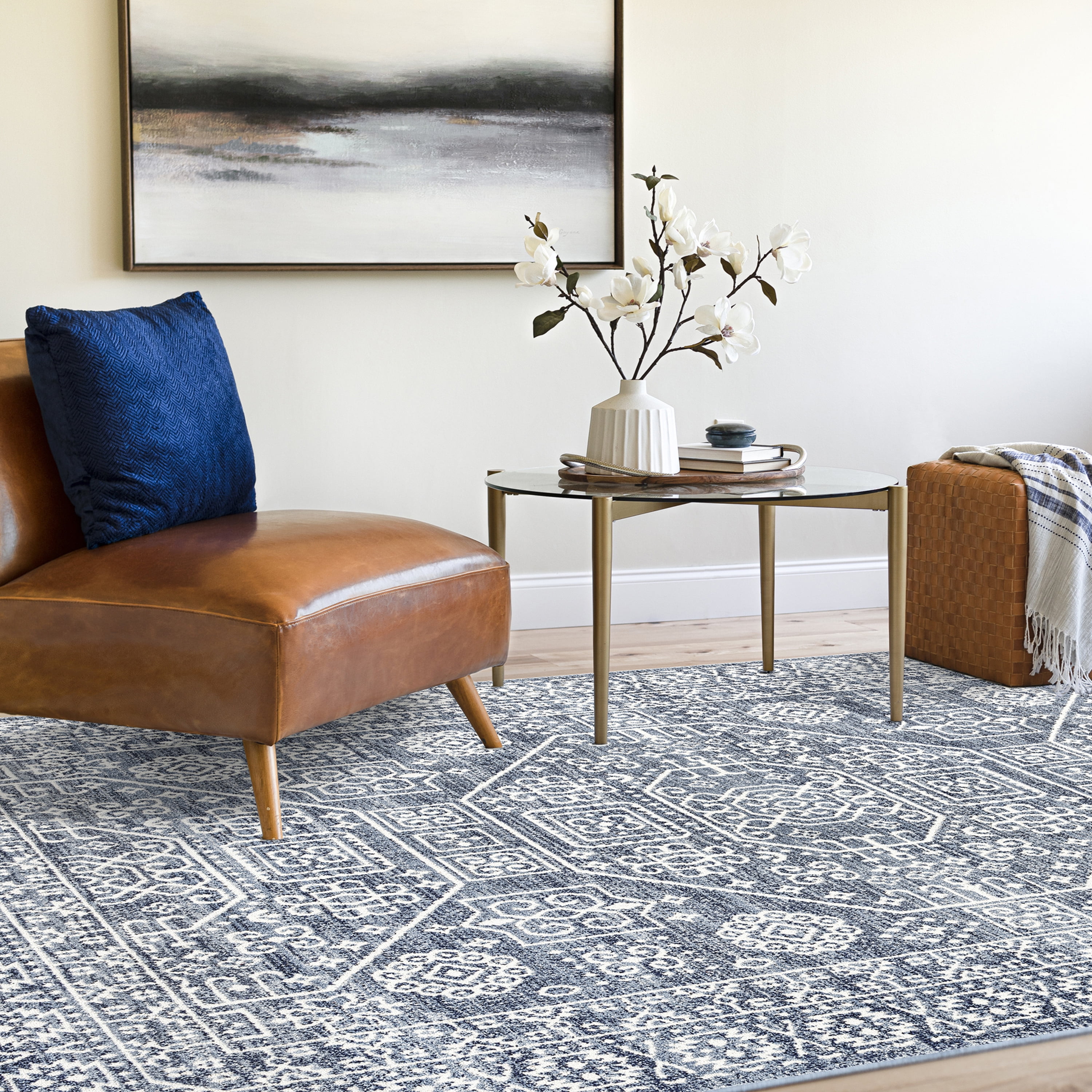 Traditional 5x8 Area Rug (5'3'' x 7'3'') Oriental Navy, Cream Living Room Easy to Clean