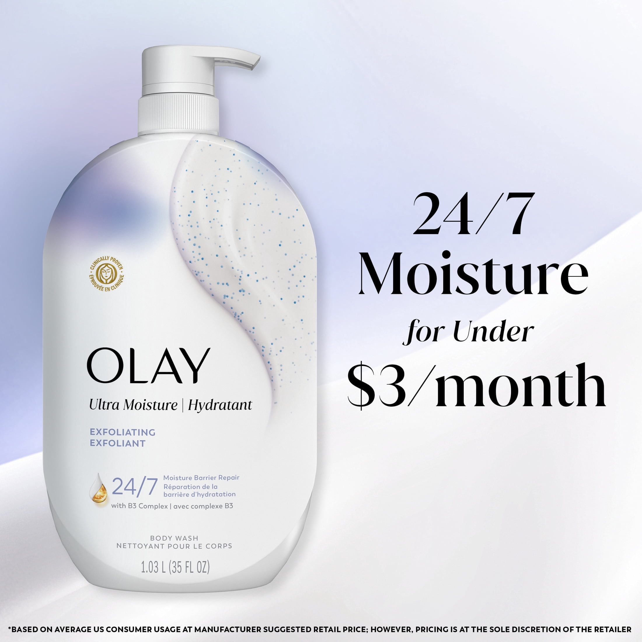 Olay Ultra Moisture Exfoliating Body Wash, Vitamin B3 and Hyaluronic Blend, 35oz