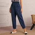 thumbnail image 5 of QUYUON Boho Pants Women Fashion Elastic Waist Casual Solid Color Straight Leg Cotton Linen Cropped Pocket Trousers Women Linen Pants Long Pant Leg Length Cargo Pant Style N-264 Blue L, 5 of 9