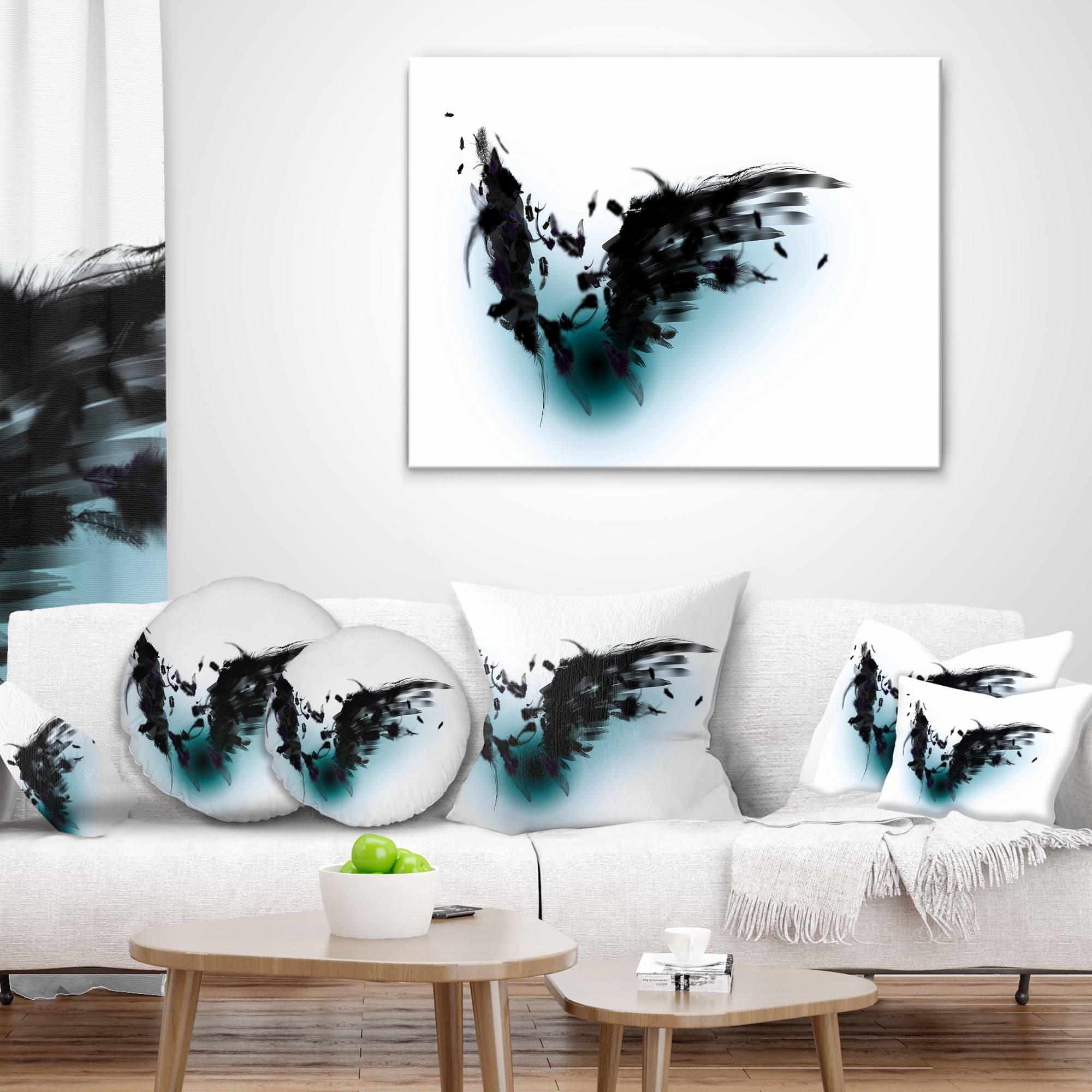 Designart Black Wings - Abstract Throw Pillow - 16x16
