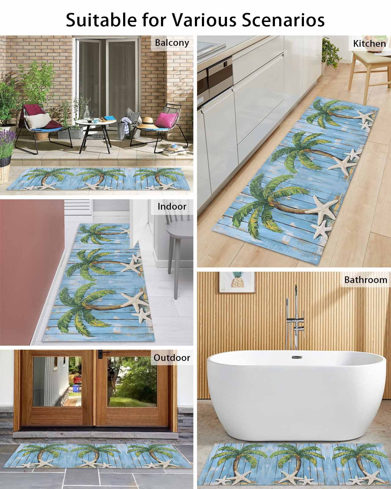 Tropical Plant Front Door Mat Blue Wood Grain Starfish Vintage Welcome Doormat Indoor Outdoor Entrance Floor Mat Non-Slip Washable Runner Rug for Front Porch Decor 24x71 Inch