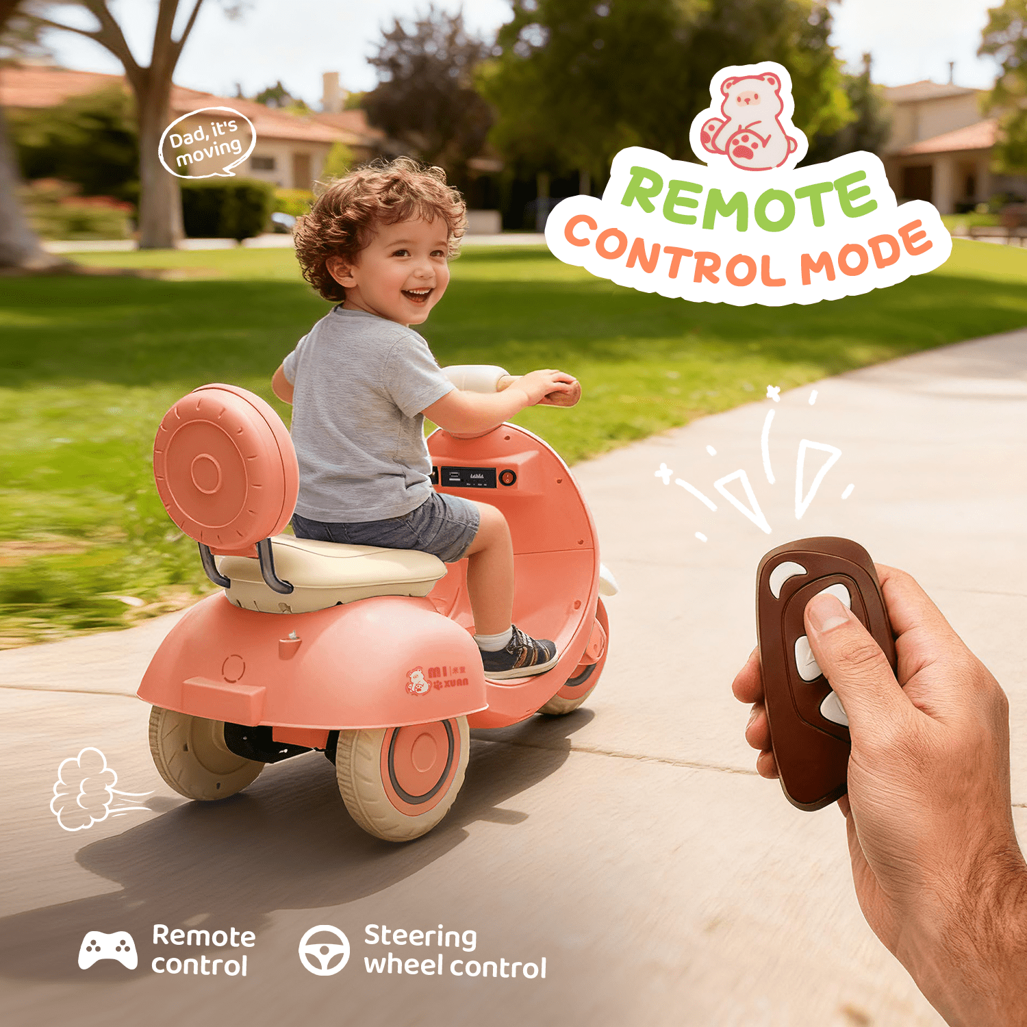 Track Seven 12V Ride on Motorcycle, 3-Wheel Toddler Electrc Scooter with Remote Control, Bluetooth, Wide Seat, Wooden Handle, Slow Start, Electric Motorycle for Boys Girls Aged 1-3 Years, Pink