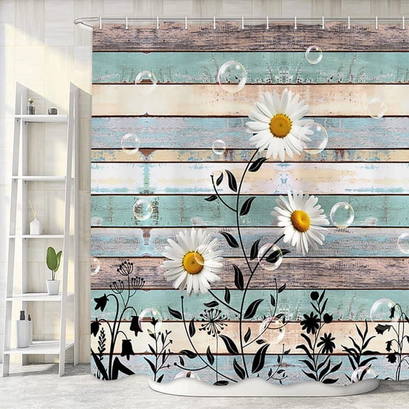 Rustic Farmhouse Teal Floral Shower Curtain, Daisy Flowers Butterfly Country Wooden Teal Blue Turquoise Shower Curtain Set, Farmhouse Bathroom Accessory Sets with Hooks, 71X71in