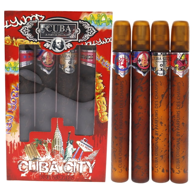 Cuba City by Cuba para mujer: juego de regalo de 4 piezas: 1,17 oz Hollywood, 1,17 oz Las Vegas, 1,17 oz Miami, 1,17 oz Nueva York