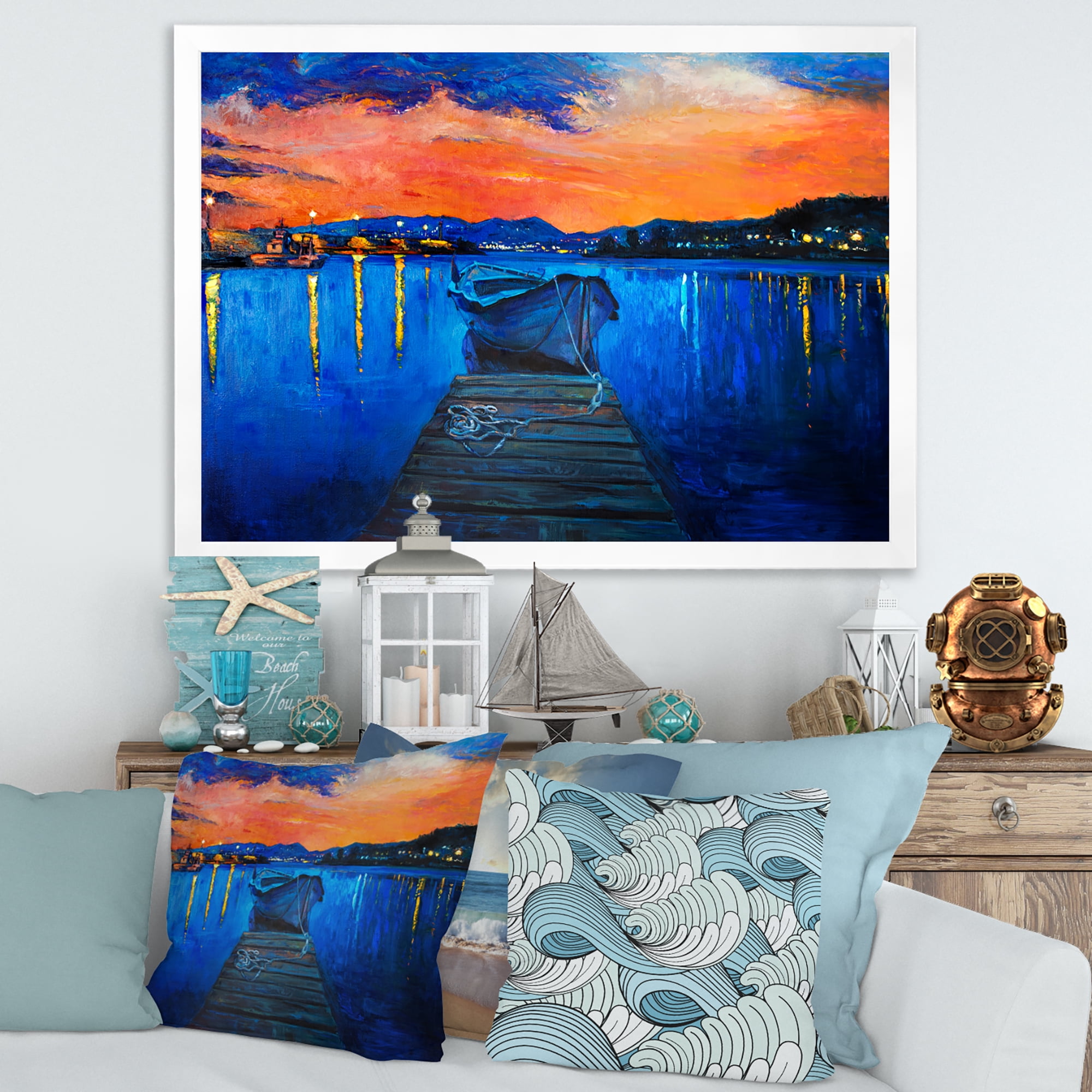 Boats During Warm Sunset Resting On The Water III 32 in x 16 in Framed Painting Canvas Art Print, by Designart