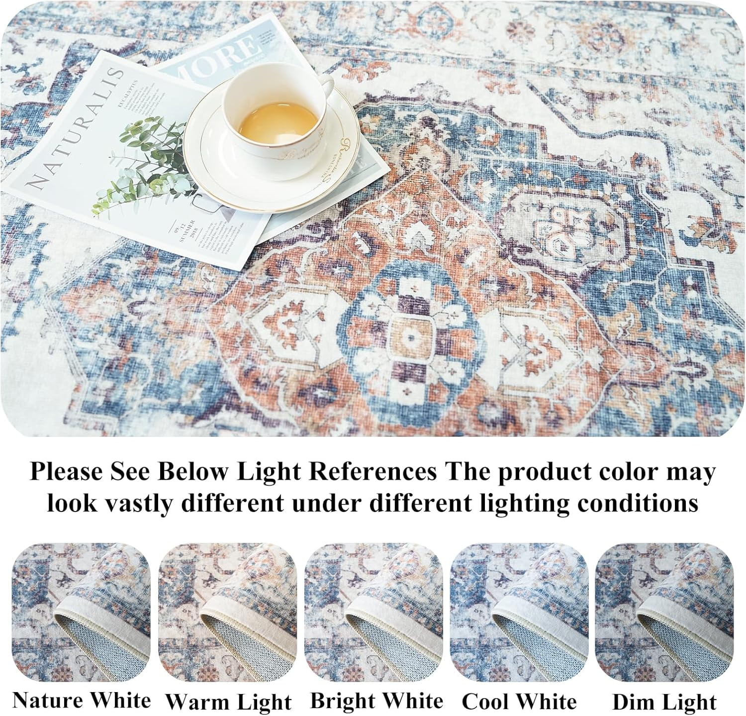 YOUFORTONG 10x14 Washable Vintage Area Rug, Extra Large Low Pile Stain Resistant Non-Slip Indoor Carpet for Living Room Bedroom Dining Room, Brick