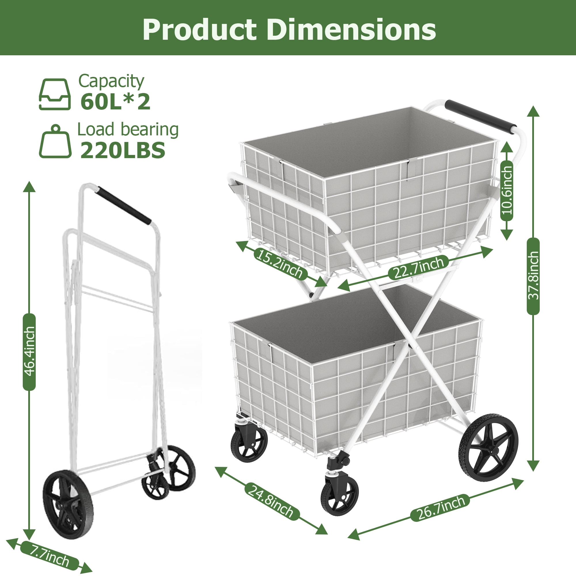 Yoneston 2-Tier Rolling Shopping Cart with 2 × 60L Baskets, 220 LBS Load Capacity Foldable Utility Cart for Groceries, Laundry, Kitchen, White