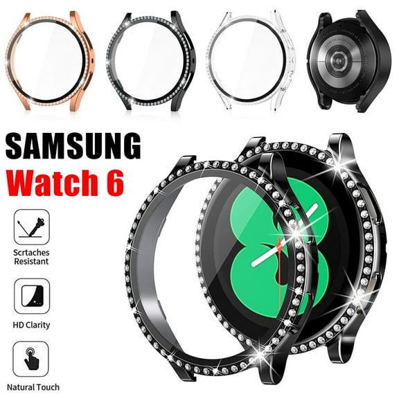 For Samsung Galaxy Watch 6 44mm Tempered Glass Protector Screen Case Bling Crystal Diamond Full Hard PC Ultra-Thin Scratch Resistant Protective Cover, Black