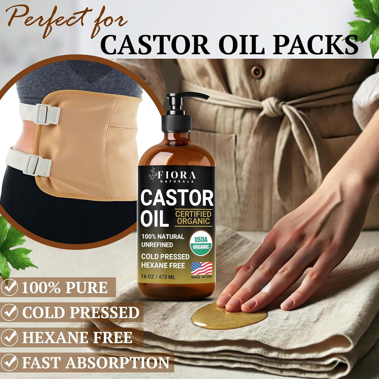 Castor Oil Organic Cold Pressed Unrefined Glass Bottle - 16 oz