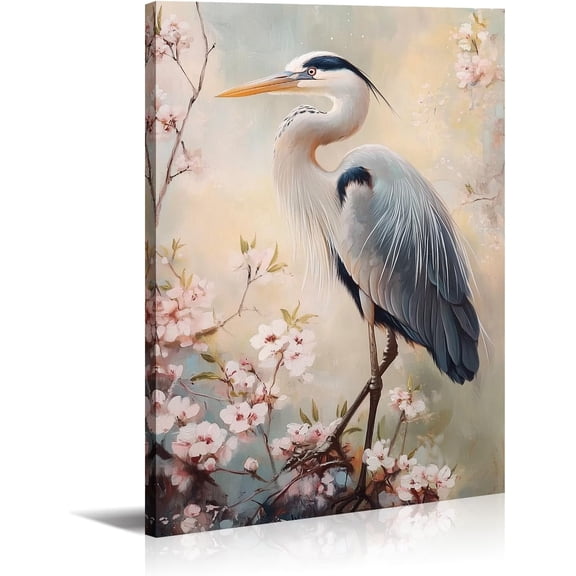 AVOI Blue Heron Canvas Wall Art Birds Picture Wall Decor Heron with Pink Flower Painting Vintage Prints Animal Artwork for Living Room Bedroom Bathroom Frame: 20x24in