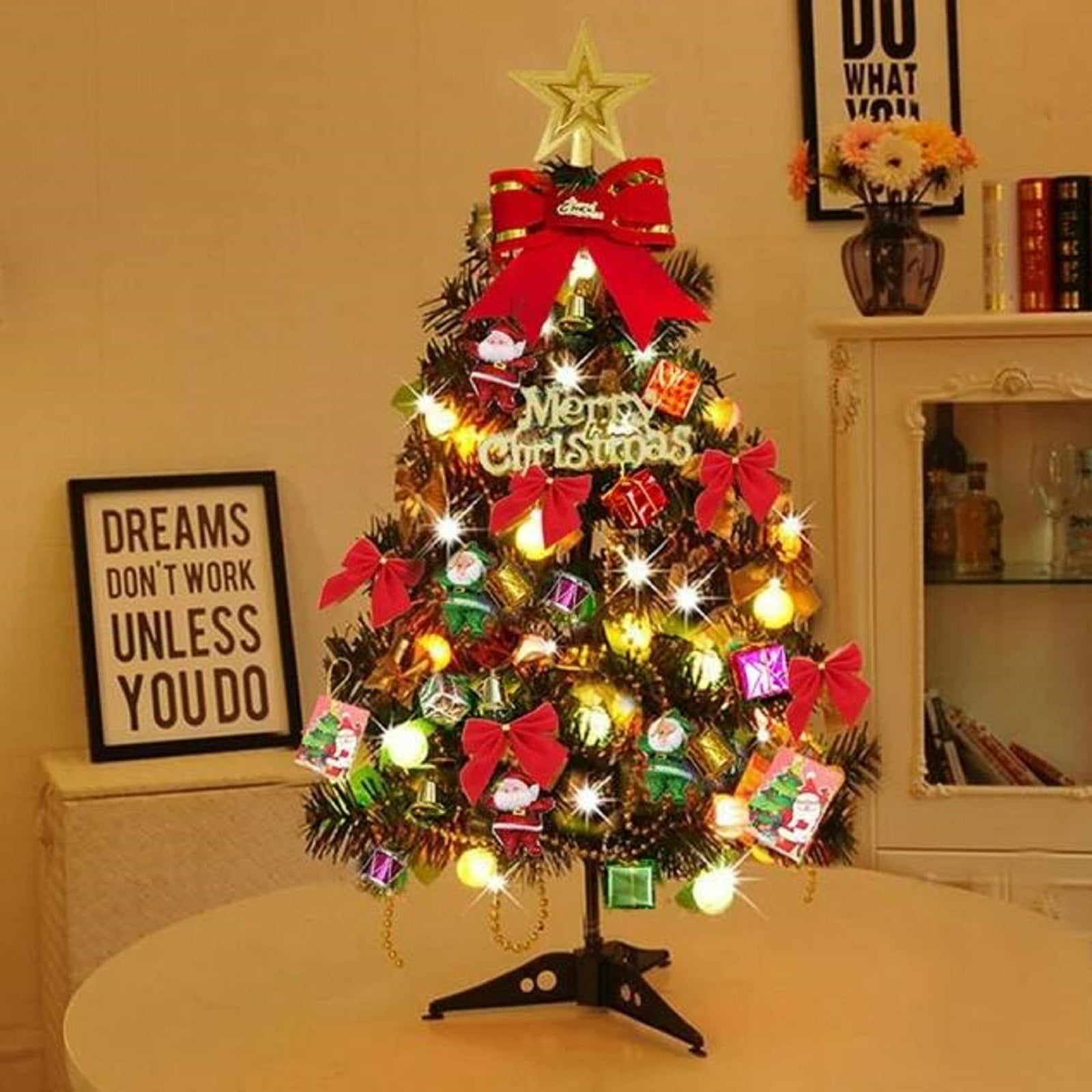 KQJDYXW Mini Xmas Tree, 24"/60CM Artificial Small Tabletop Christmas Tree with LED String Lights & Ornaments for Holiday Home Office Decoration
