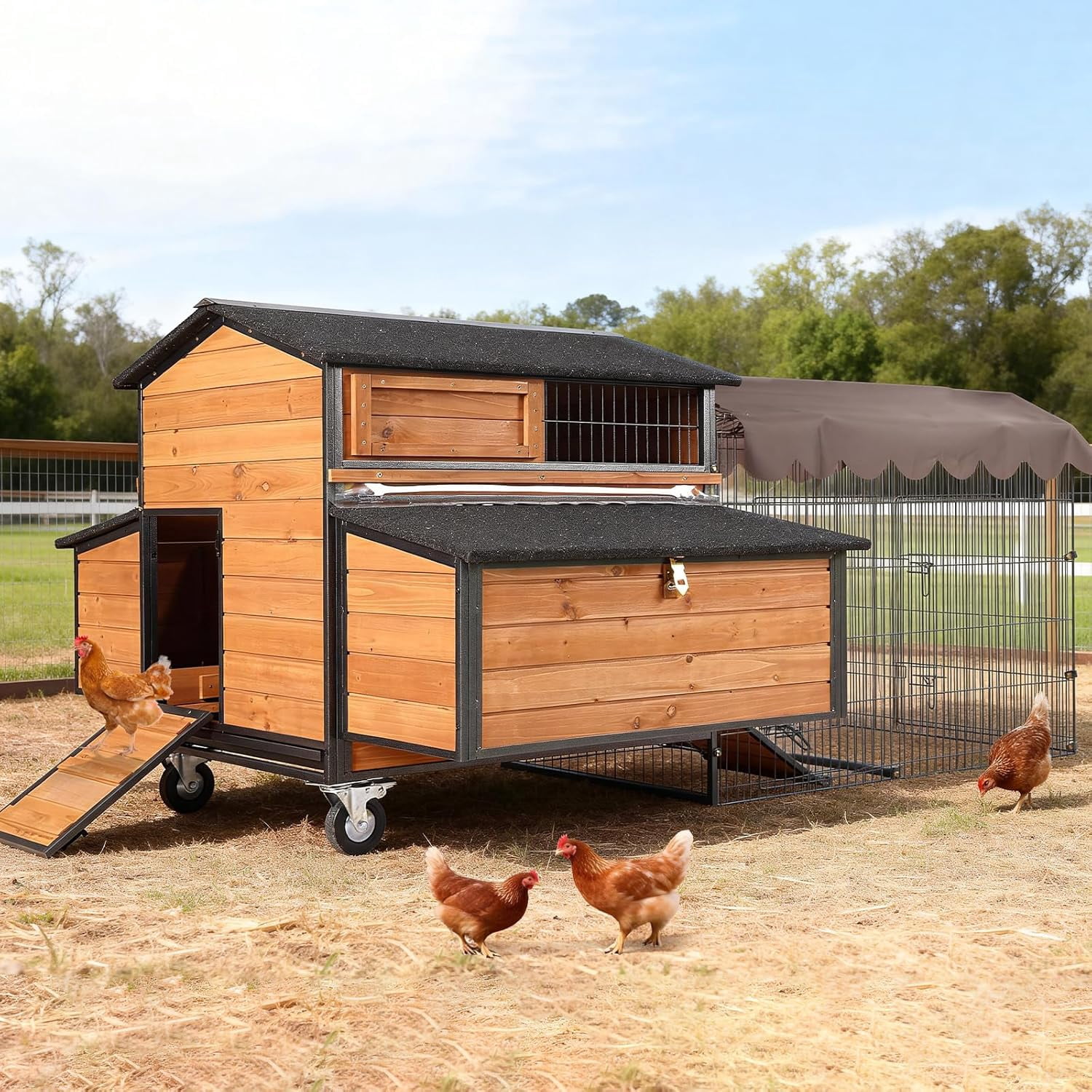 Aivituvin Large Chicken Coop with Run, Mobile Chicken House with Wheels and All-Around Iron Frame,Portable Poultry Cage for 6-10 Chickens, Nesting Box